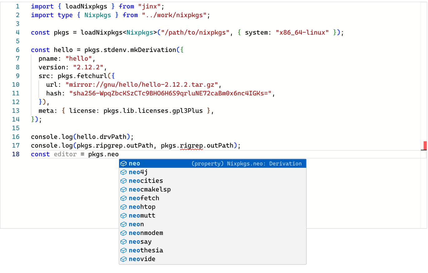 pkgs.neo completing to neovim, neofetch and the rest; pkgs.rigrep underlined as an error