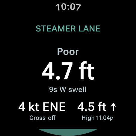 Conditions at Steamer Lane: rating, swell height, wind and tide