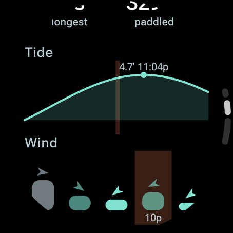 Session summary with the tide and wind around the session and the session shaded