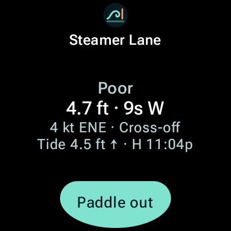 Conditions tile with rating, swell, wind, next tide and a Paddle out button